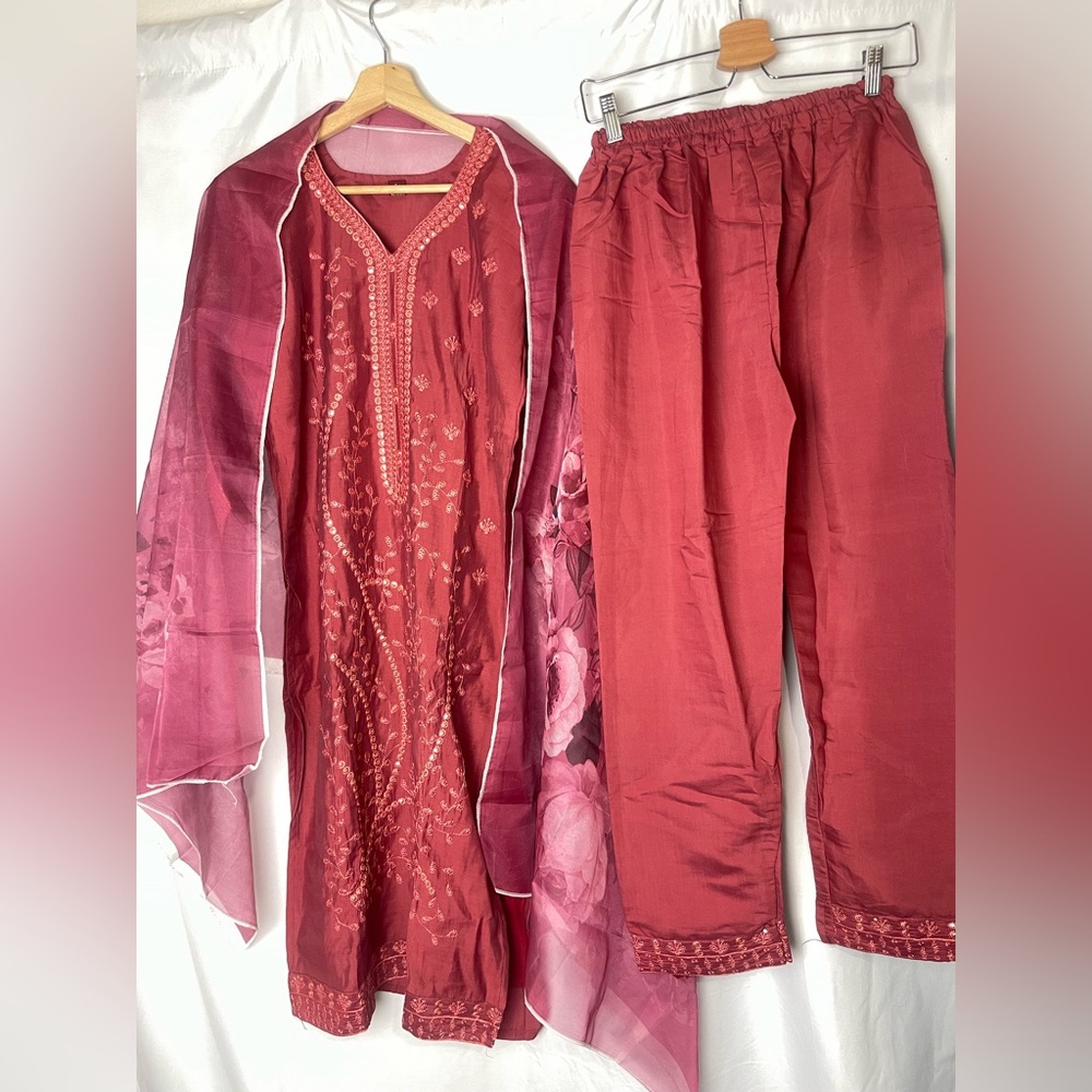 Salwar Kameez 3 pic Set stitched embroidered Sequins floral Shawl 38